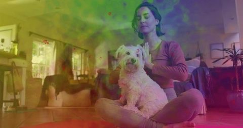 Woman Practicing Mindfulness with Pet Dog in Cozy Living Room