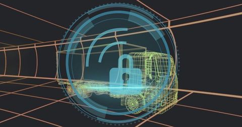 Futuristic Wireframe Cargo Truck with Cybersecurity Elements
