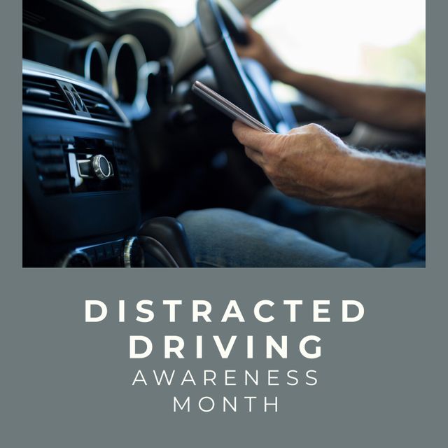 Distracted Driving Awareness Month: Man using smartphone while driving - Download Free Stock Templates Pikwizard.com