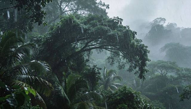 Arching rainforest canopy pouring heavy rain over misty tropical hills with palm fronds
