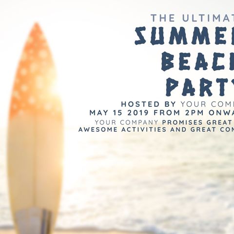 Ultimate summer beach party invitation with surfboard