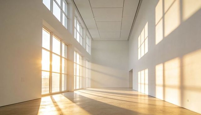 Sunlit Minimal Gallery Interior with Tall Grid Windows and Warm Wood Floor