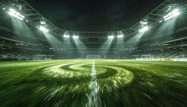 Illuminating night soccer stadium midfield circle with dramatic floodlights and haze