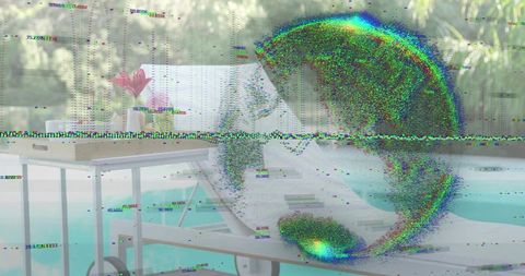 Turquoise poolside lounge chair with pink flower and colorful digital glitch overlay