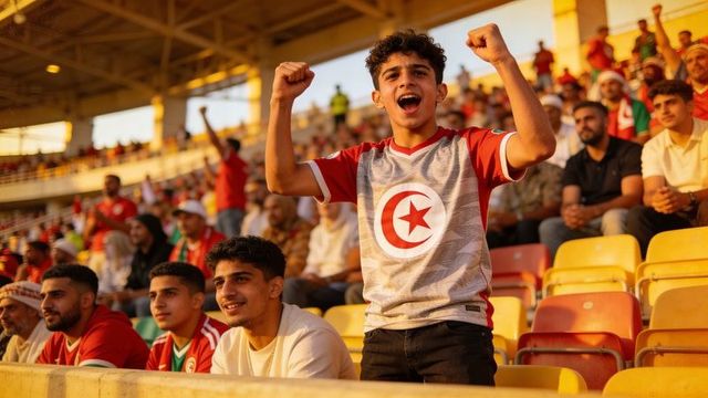 Cheering tunisian teen fan raising fists in stadium stand during football match