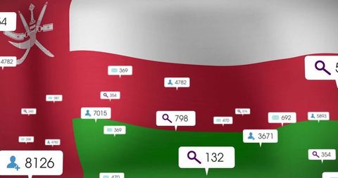 Oman flag with social media and search statistics overlay