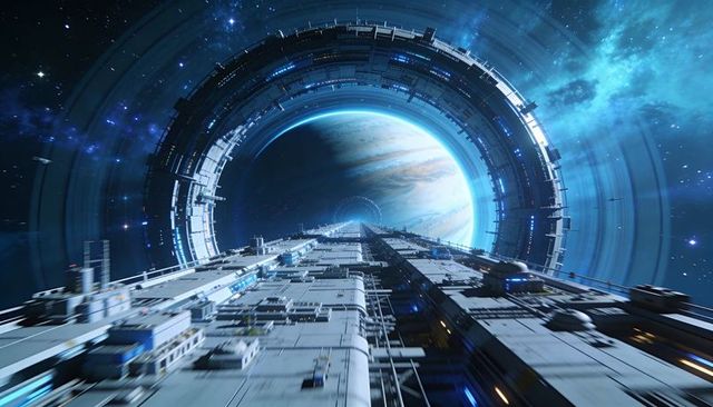 Cruising through ring gateway toward glowing gas giant aboard massive interstellar carrier
