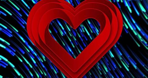 Radiating red layered 3d heart with nested cutouts and neon blue streaks, digital render