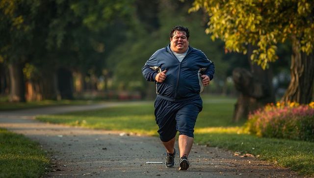 Plus-size man jogging on park path at golden hour wearing navy tracksuit