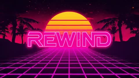 Rewind neon sign pulsing over magenta grid toward sunset in synthwave loop animation