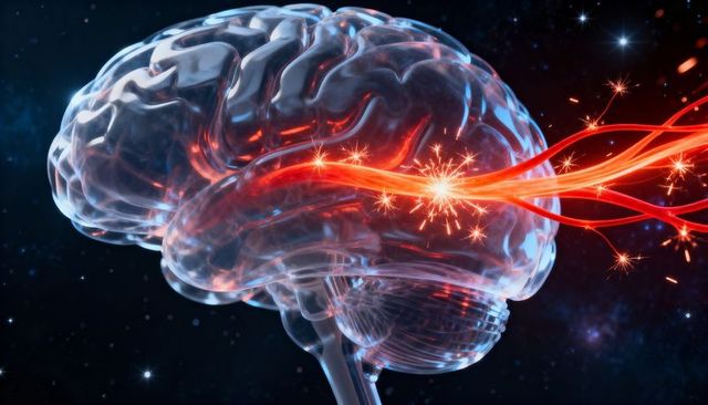 Translucent Human Brain Emitting Neural Sparks and Red Filaments in Cosmic Space