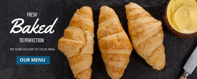 This image features a tantalizing display of freshly baked croissants, perfect for promoting a bakery's online delivery service. The golden, flaky pastries are enticing to breakfast lovers and food enthusiasts. Use this image for bakery promotions, online menus, website banners, social media advertisements, and flyer designs to attract customers looking for freshly made breakfast options delivered to their doorstep.