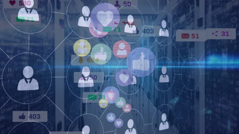 Digital Network with Social Media Icons Overlay in Server Room