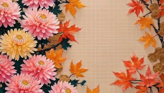 Floral Arrangement with Pink-Peach Flowers and Orange Maple Leaves