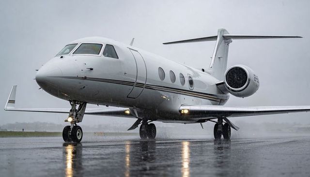 Corporate jet taxiing on wet runway in heavy rain with bright reflections and spray