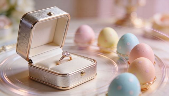 Rose gold diamond solitaire ring resting in luxe box surrounded by pastel easter eggs