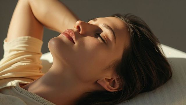 Sunlit woman reclining on pillow with closed eyes serene morning light intimate portrait