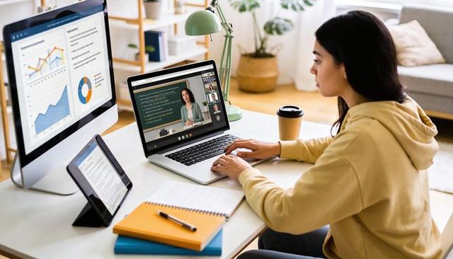Hispanic woman working remotely at home desk using laptop, monitor and tablet