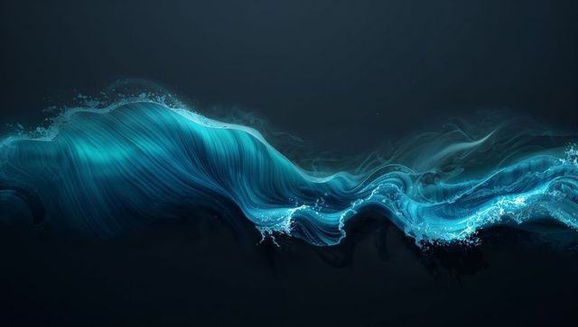 Flowing teal wave ribbon creating neon fluid motion across dark navy background