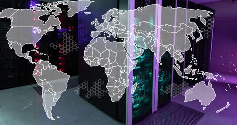 Global Connectivity Visual with Server Room and World Map Overlay