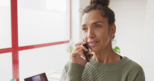 Woman Talking on Smartphone in Bright Room by Window - Download Free Stock Images Pikwizard.com