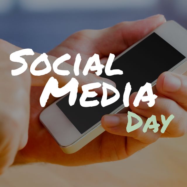 Composite image of cropped hands of caucasian man using mobile phone and social media day text. wireless technology, celebration, global communications and connection concept.