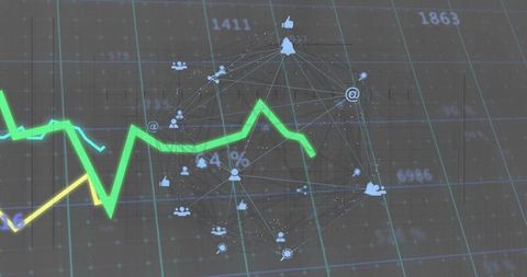 Neon Green Trend Line Dark Grid Data Visualization with Network Nodes and Social Icons