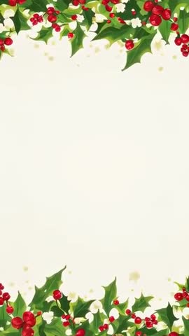 Vertical looping holly and red berry border with glowing gold flecks for holiday card