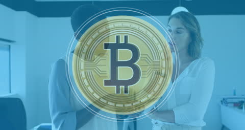 Animated Bitcoin Symbol Overlay on Business Professionals