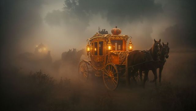 Luxurious Golden Carriage and Horses in Enchanted Misty Forest