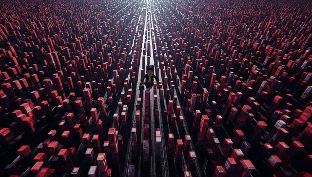 Toy minifigure walking down futuristic red grid corridor in miniature cityscape