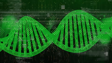 Digital DNA Strand Overlay on Circuit Board Visual