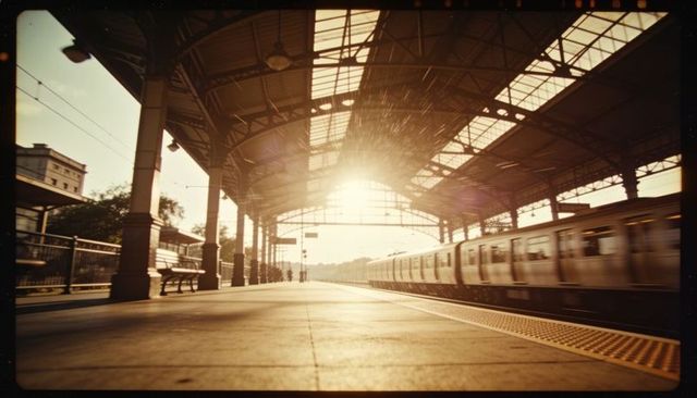 Backlit railway platform with commuter train moving under arched station canopy at sunrise