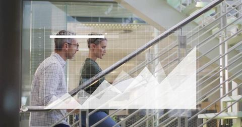 Coworkers Climbing Glass Staircase Showing Data Overlay and Rising Business Graph