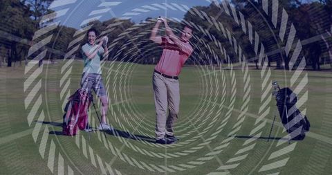 Couple playing golf on sunny fairway with man swinging and artistic dynamic spiral overlay