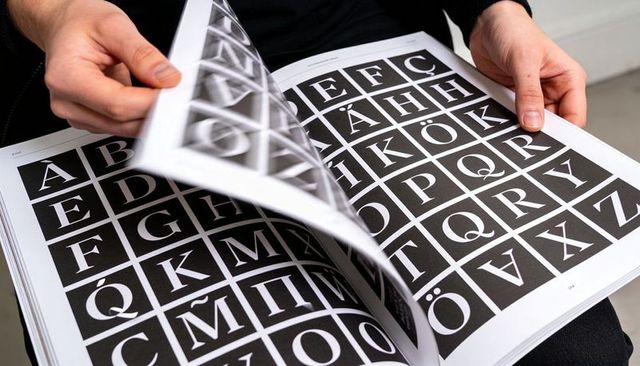 Hands flipping typeface specimen book with black sleeves showing grid of serif letter tiles