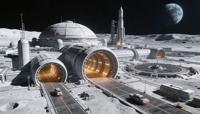 Futuristic lunar base with tunnel hangars rocket liftoff and earthrise over regolith plain