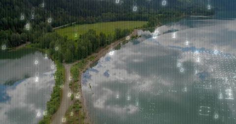 Aerial View of Road Along Lake with Digital Binary Overlay
