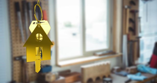 Golden House Keys with Home Shaped Keyring Hanging in a Living Room - Download Free Stock Images Pikwizard.com