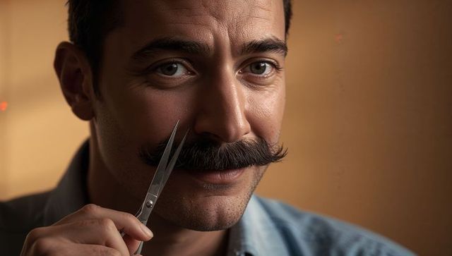 Man trimming handlebar mustache with small scissors close-up warm portrait for grooming