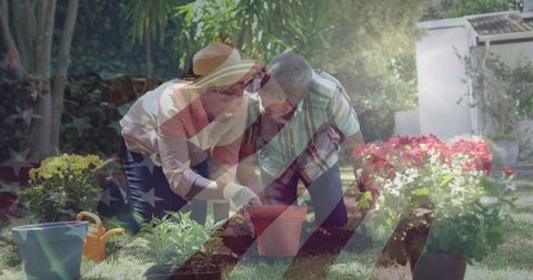 Senior man and woman gardening together with American flag overlay