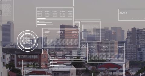 Financial Data Processing Overlay on Urban Skyline - Download Free Stock Images Pikwizard.com