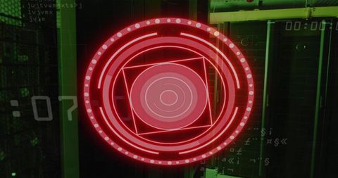 Abstract digital interface with red circles overlapping data center