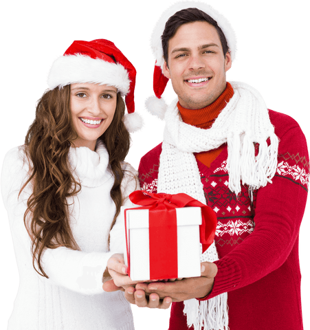 couple wearing santa hats giving perfect christmas gift with transparent background - Download Free Stock Videos Pikwizard.com