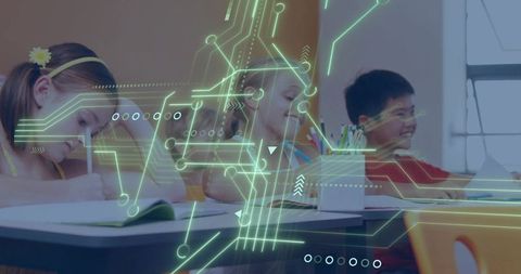 Innovative learning: children studying with neon circuit display