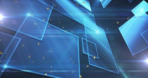 Layering Blue Glass Panels with Neon Cyan Glow, Light Beams and Gold Confetti Accents