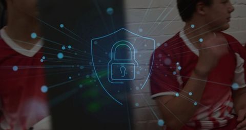 Digital security shield overlaying teen sports bench conveying cybersecurity youth teams