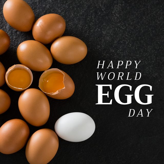 Composite of brown eggs and one white egg with happy world egg day text over black surface. Broken, raw, egg, food, nutrition, healthy, awareness and celebration concept.