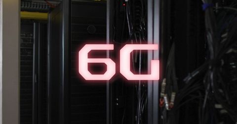 Glowing 6G Text and Modern Computer Server Room