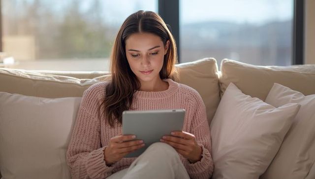 Young woman relaxing on couch reading tablet in pink knit sweater soft natural light